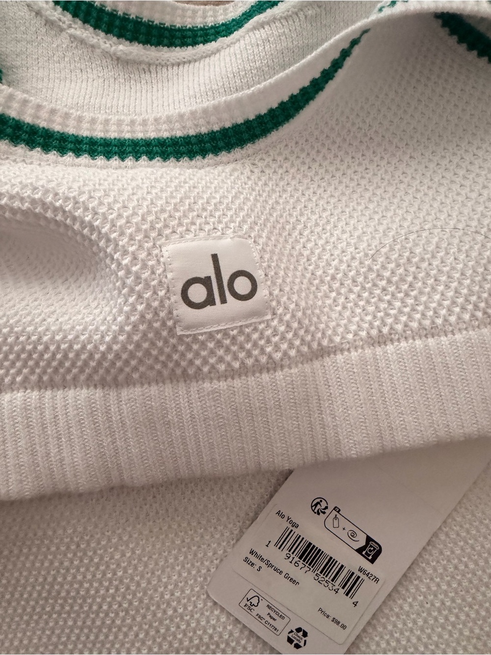 ALO Yoga White Knit Crop Tank with Green Stripe Trim - Picture 2 of 2